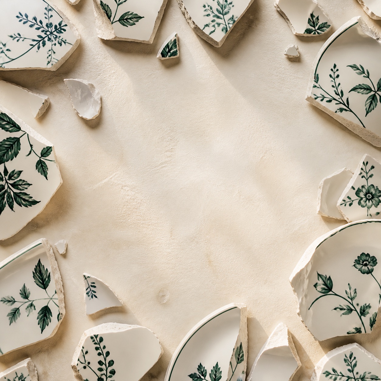 Emerald-painted porcelain fragments on ivory paper